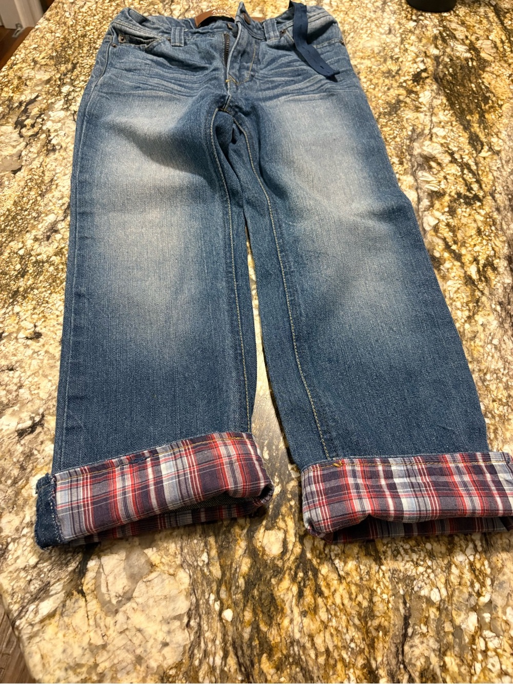 Arizona Jean Co Boys 7X Slim Straight Jeans Adjustable Waist Plaid Cuff Denim